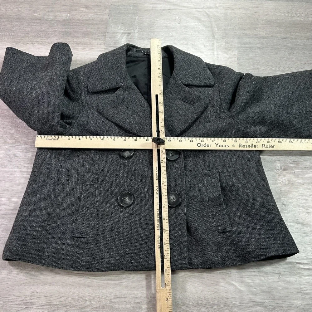 Theory Coat Womens‎ Medium Gray Wool Blend Cropped Tweed Pea Jacket 3/4 Sleeve